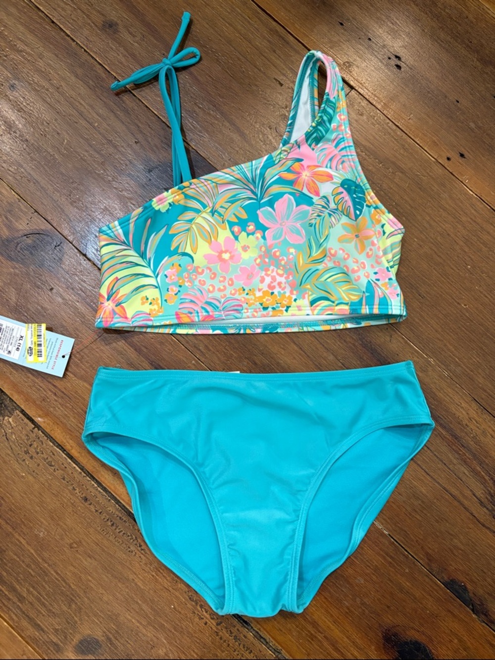 Cat & Jack Girls Teal Floral One-Shoulder Bikini Set